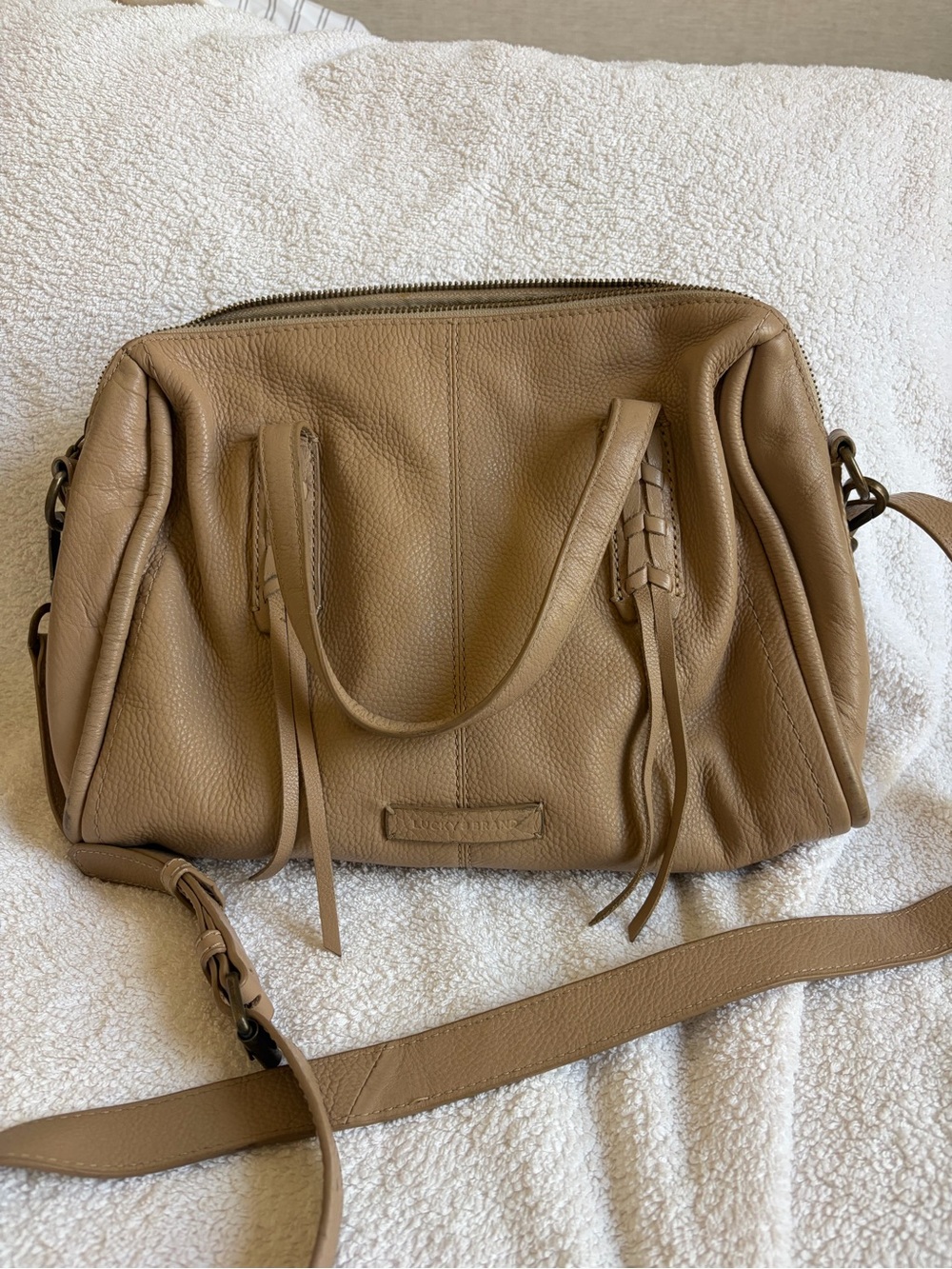 Lucky Brand Tan Pebbled Leather Shoulder Bag with Braided Accents